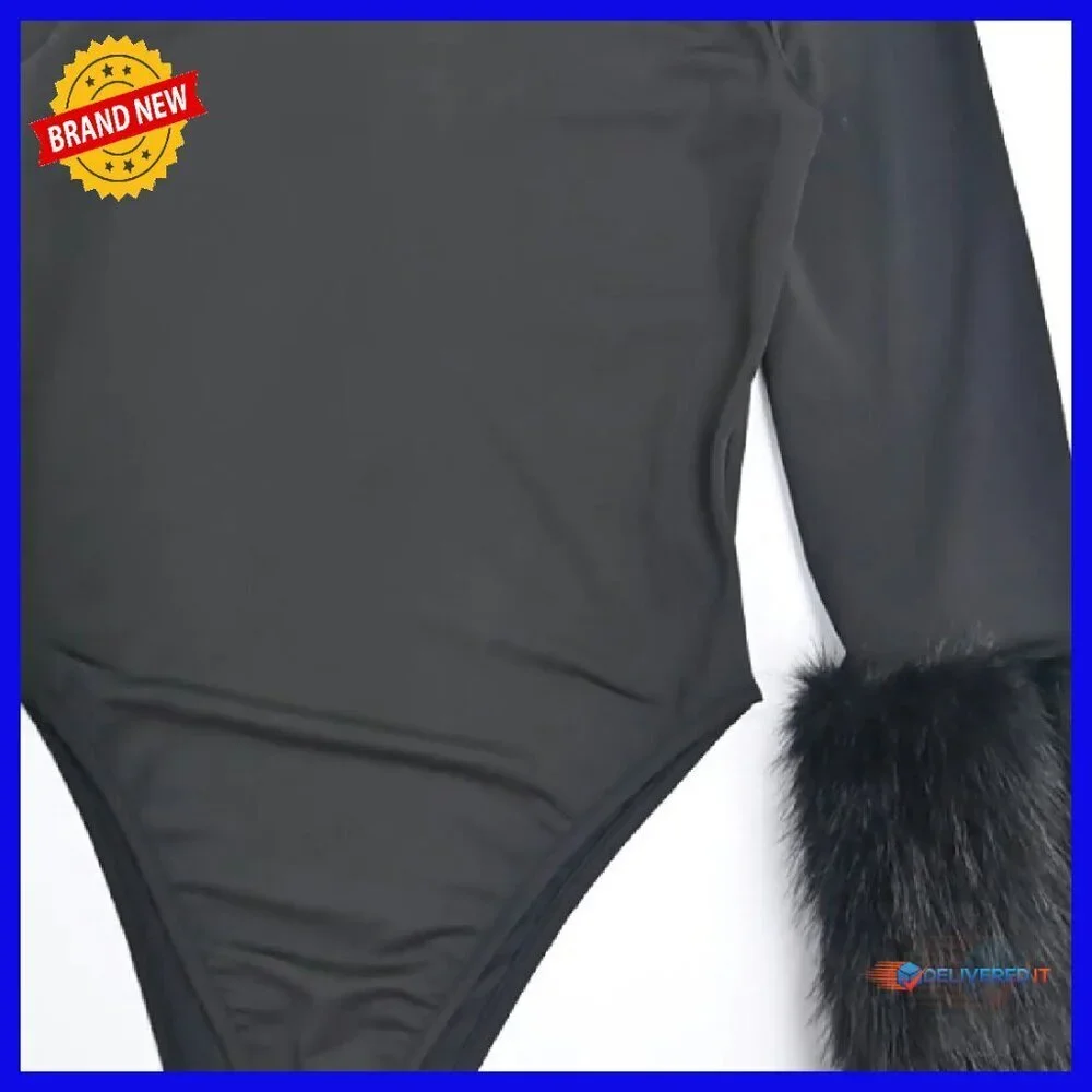 Long Sleeve Mock Neck Bodysuit with Faux Fur Cuffs, Sexy Club Outfit